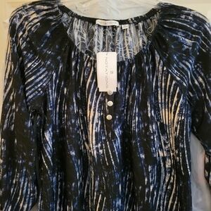 Notations Blue and Black Ruched 3/4 Sleeve Blouse